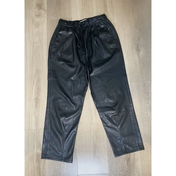 Zara Black Drawstring‎ Elastic Waist Black Faux Leather Pants Women's Size M - Picture 2 of 9